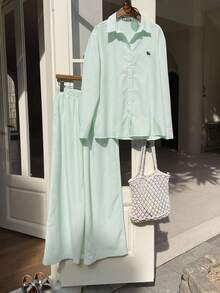 Comfortcana 女士新款条纹刺绣宽松上衣和裤子套装 - 綠色 - 查看 3