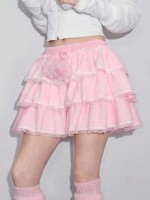 ROMWE Kawaii 女款可爱蓬松绒球装饰蛋糕裙 - 粉色 - 查看 5