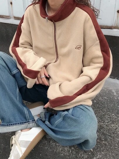 FRIFUL 女式休闲拉链撞色灯芯绒字母印花宽松夹克，棕色