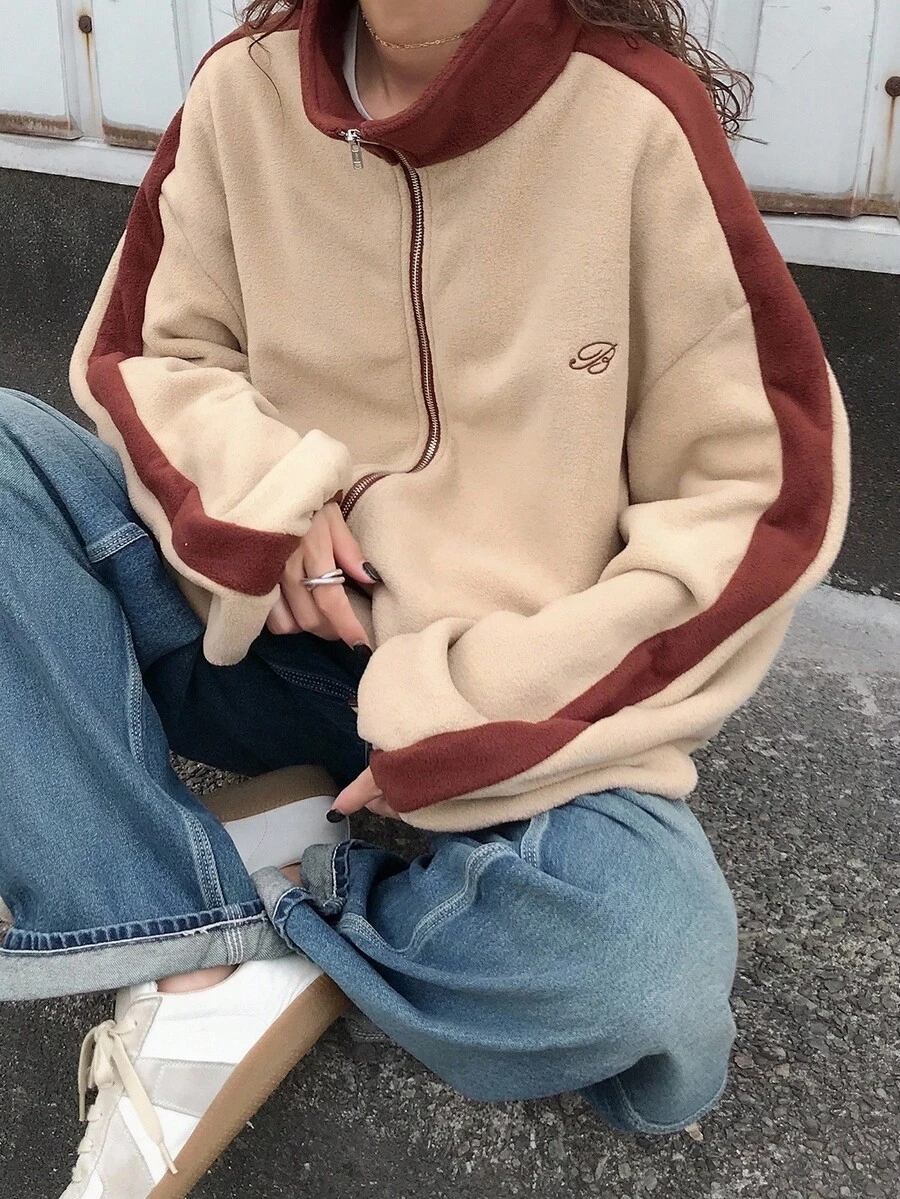 FRIFUL 女式休闲拉链撞色灯芯绒字母印花宽松夹克，棕色 - 卡其色 - 查看 1