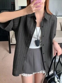 DAZY Women's Dark Grey Pinstriped Casual Blouse With Half Sleeves And Collar Neckline For A Chic Everyday Look - Dark Grey - View 5