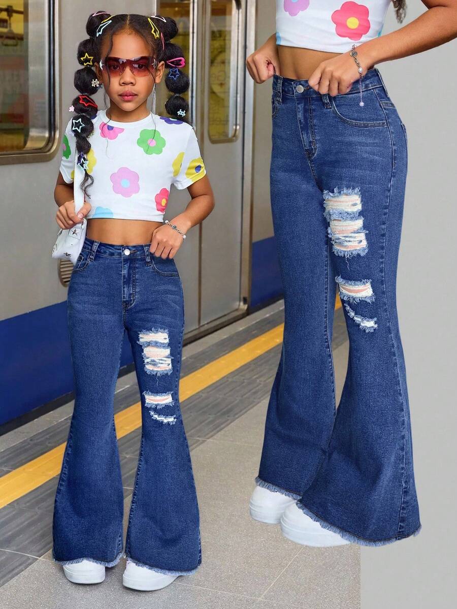 SHEIN Tween Girl Summer Holiday Raw Hem Lilac Washed Ripped High Stretch Cotton Soft Flare Jeans Pants,Summer Vacation Beach Concert Rave, Distressed Bell Bottom Jeans, Bell Bottom Jeans, Blue Jeans, Medium Wash Jeans Fall Winter - Dark Wash - View 1