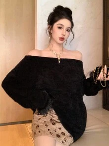 DAZY New Elegant Fluffy Patchwork Off Shoulder Women Sweater, Autumn/Winter - Black - View 7