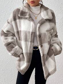 INAWLY Plus Size Women Casual Commuter Collegiate Plaid Pattern Drop Shoulder Loose Patchwork Pocket Teddy Fleece Jacket, Autumn/Winter