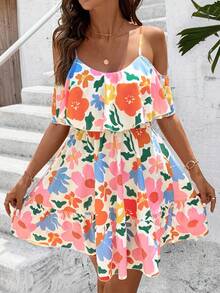 SHEIN Clasi Váy yếm in hoa hở vai giản dị cho kỳ nghỉ - Nhiều màu - Xem 4