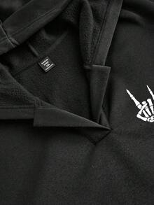 SHEIN EZwear 加大码女式万圣节骷髅指纹印花休闲长袖宽松套头卫衣，带口袋，适合秋冬季节，黑色卫衣，女式黑色卫衣，Y2K风格 - 彩色 - 查看 3
