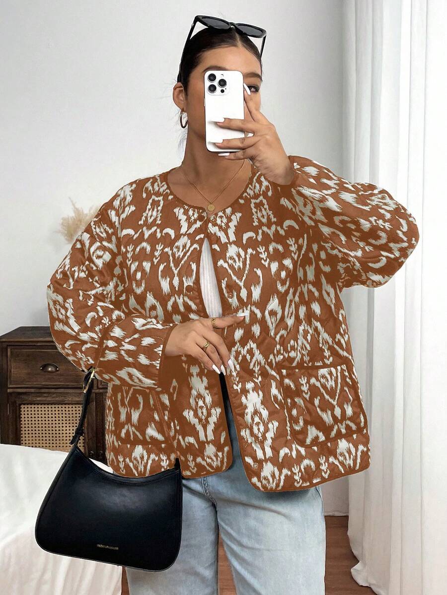 SHEIN Frenchy Damen Große Größen Lässig modischer Resort-Stil Allover-Muster Patchwork Taschen Wattierte Jacke, Herbst/Winter - Kaffeebraun - Übersicht 1