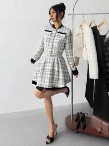SHEIN 2件套少女粗花呢长袖上衣和迷你裙时尚套装 - 黑與白 - 查看 6