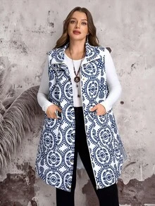 EMERY ROSE Plus Size Women Plant Pattern Zip Front Casual Pocket Sleeveless Winter Jacket Fall Autumn - Blue - View 7