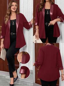 EMERY ROSE Plus Size Women's Casual Personalized Patchwork Leather Jacket, Spring/Autumn - Burgundy - View 1