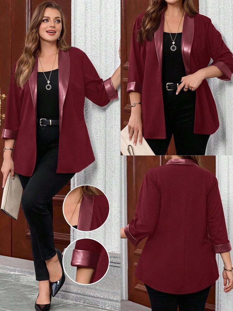 Plus Size Women's Casual Personalized Patchwork Leather Jacket, Spring/Autumn