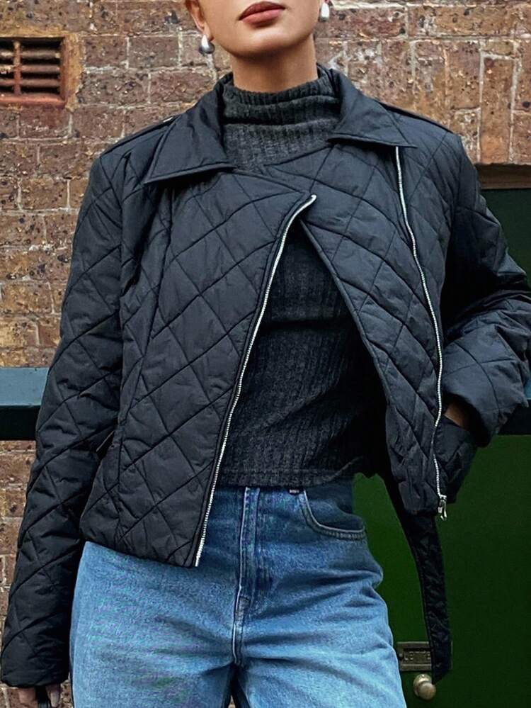 Women's Padded Coat, Stand Collar, Loose Rhombus Pattern, Fitted Short Casual Motorcycle Style Bomber Jacket Winter
