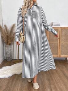 EMERY ROSE 女式条纹落肩长袖纽扣半襟休闲宽松衬衫裙 - 黑與白 - 查看 4