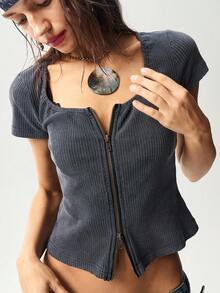 Bohemela Casual Solid Color Crew Neck Slim Fit Short Sleeve Washed T-Shirt For Women Cotton Tops Zip Up Tops Ribbed Tops Tops - Black - View 3