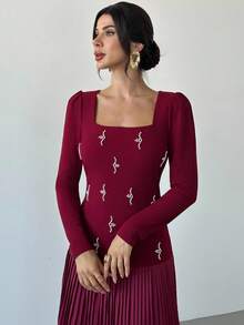 Firerie Women's Elegant Burgundy Autumn Square Neck Pearl Long Sleeve Pleated Hem A-Line Maxi Dress,Refined Dining Party Christmas New Year Clothes - Red Violet - View 8