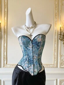 SHEIN MOD 提花鱼骨边优雅露肩前扣吊带背心 - 藍色 - 查看 1