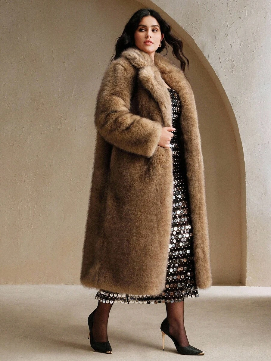 Anewsta New Autumn/Winter Elegant Lady-Like Faux Fur Long Coat, Fashionable Fur & Wool Blend Outerwear For Women