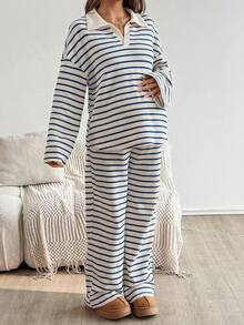 SHEIN 2件套孕妇休闲条纹上衣和裤子套装，秋季 - 藍白色 - 查看 4