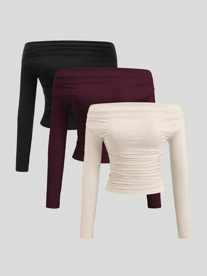 Sweetra Set de 3 piezas Blusa corta de manga larga y hombros descubiertos para mujer, cómoda y suave al tacto, ajuste ceñido