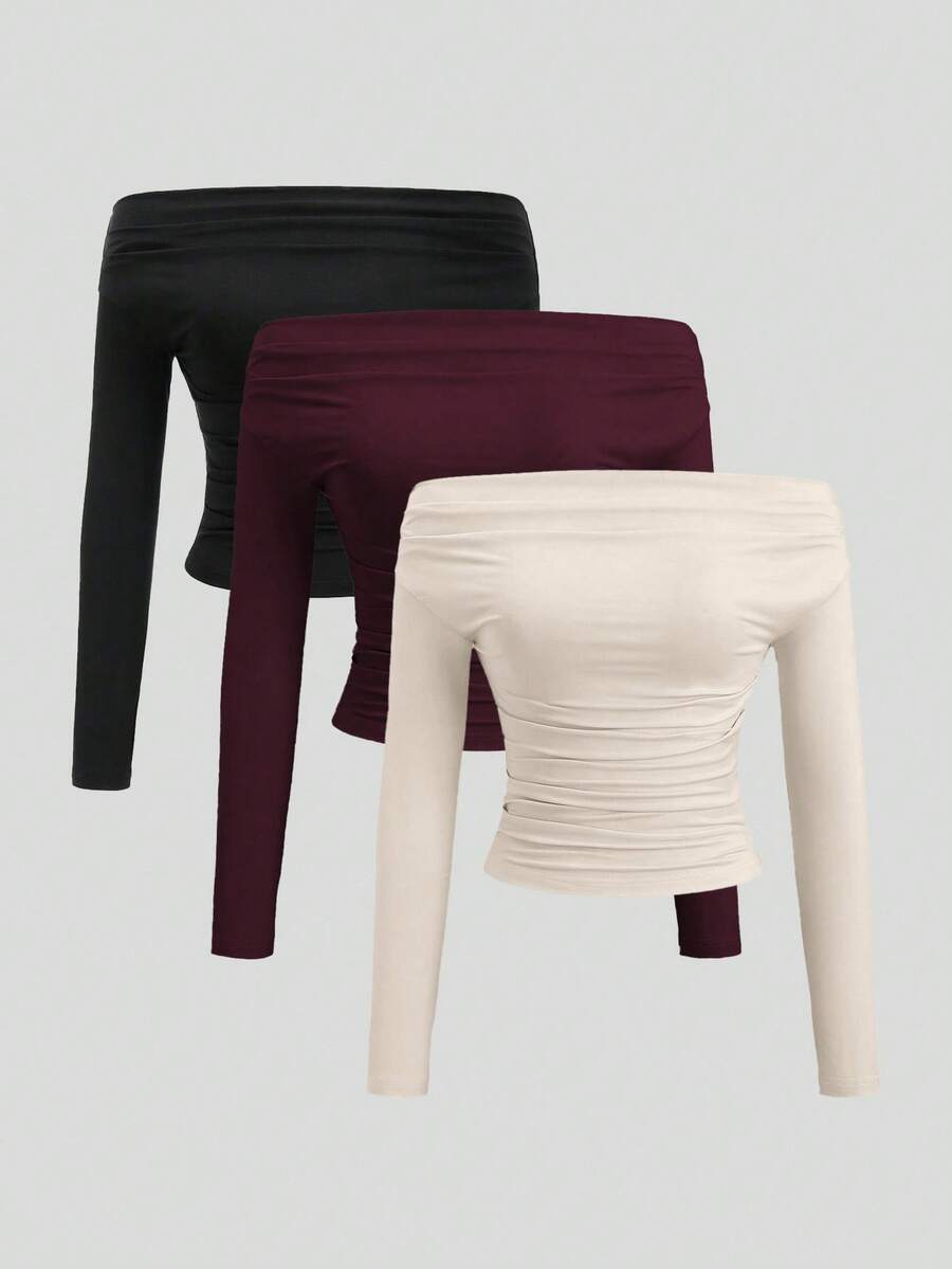 Sweetra 3件套女士百搭露肩长袖短款上衣，舒适亲肤，修身 - 彩色 - 查看 1