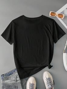 SHEIN 蝴蝶结装饰休闲圆领短袖百搭女式T恤 - 黑色 - 查看 2