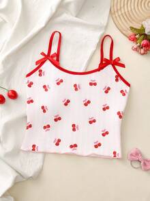 Pink Striped Strawberry Bow Camisole Undershirt For Big Girls