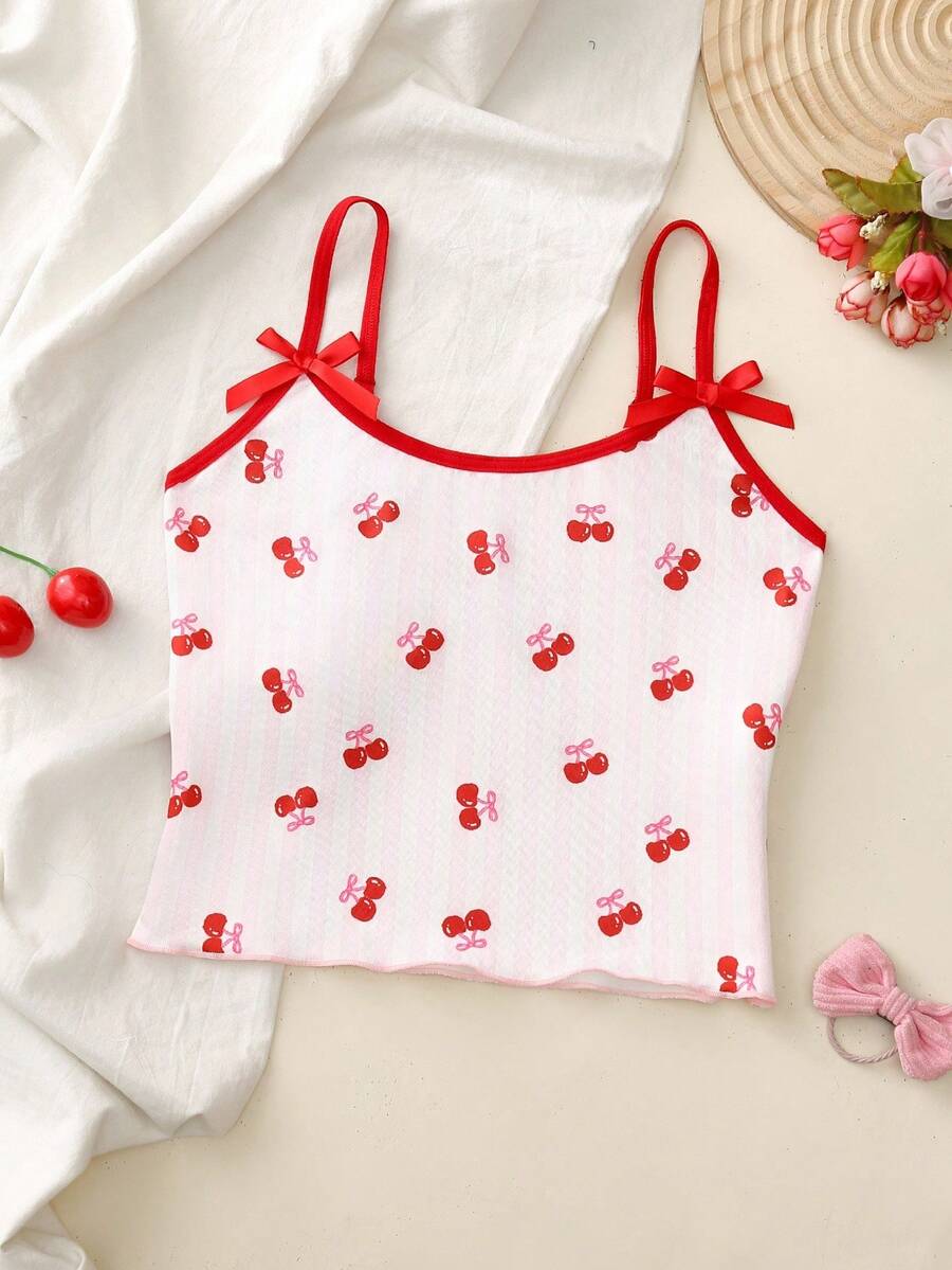 Pink Striped Strawberry Bow Camisole Undershirt For Big Girls