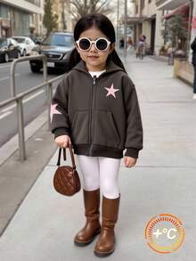 Back To School Baby Girl Gray & Pink Star Print Contrast Color Knit Hoodie Sweatshirt, Loose Fit Thermal Lined Casual Sweatshirt For Autumn/Winter Fall