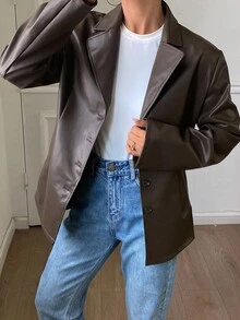 Livesso 女士宽松翻领常规款夹克，秋季女士皮夹克外套 - 棕色 - 查看 3