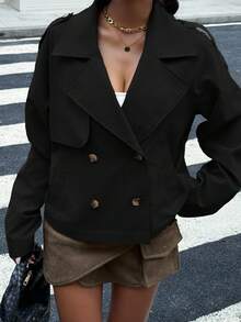 Muchica 女式短款梭织风衣，秋冬款黑色 - 黑色 - 查看 5