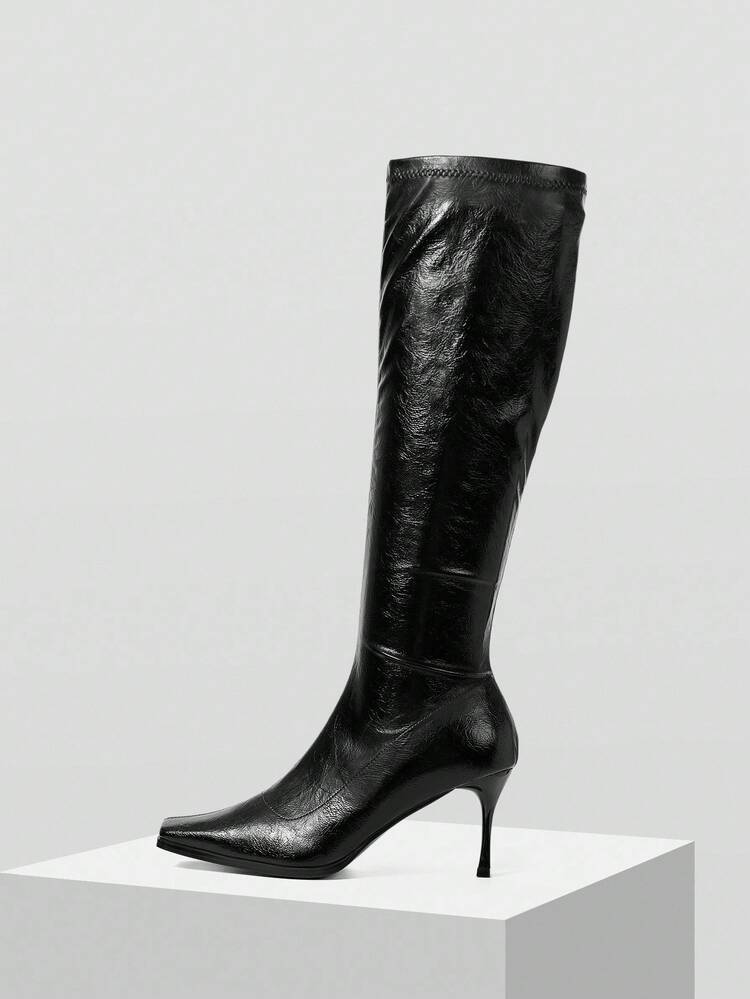 WOMEN'S SQUARE TOE SIDE ZIPPER STILETTO KNEE-HIGH BOOTS