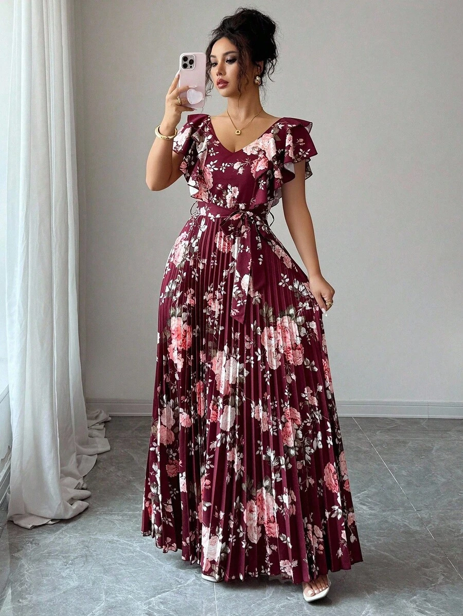 Elenzga Đầm nữ dáng chữ A in họa tiết kỹ thuật số phong cách nghỉ dưỡng nhún bèo eo thanh lịch lãng mạn - Nhiều màu - Xem 1