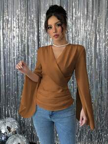 Chiquease Women's Plain Overlap V-Neck Flare Sleeve Casual Shirt - Brown - View 4