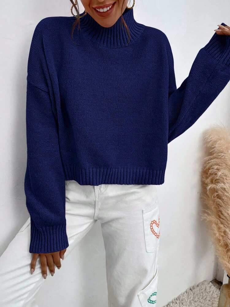 EURMUSE Mock Neck Drop Shoulder Sweater - Navy Blue - View 5