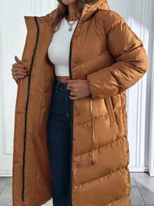 EURMUSE 女士纯色加厚前拉链按扣拉链口袋中长款冬季外套冬季夹克休闲 - 駝色 - 查看 3