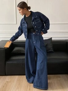 DAZY 女士休闲短款牛仔夹克和阔腿牛仔裤套装，适合秋季 - 藍色 - 查看 1