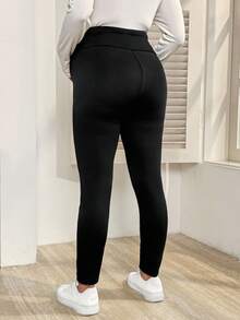 SHEIN Maternity Casual Solid Color Adjustable Waist Thermal Lined Warm Leggings, Winter - Black - View 8