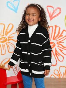 少女彩色条纹宽松休闲开衫毛衣，秋冬 - 黑色 - 查看 6