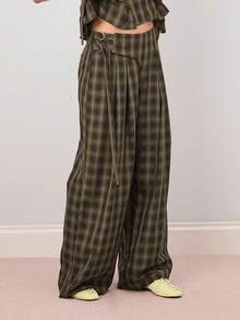 COUREZ 宽松格纹吊带裤/Y2K外出 - 巧克力棕 - 查看 1