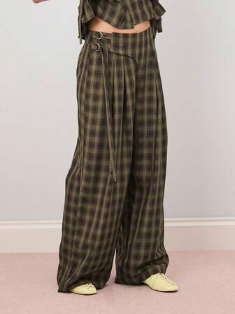 COUREZ Baggy Check Harness Trousers /Y2K Going Out Outfits Fall Women Clothes Winter Clothes For Women Brown Pants