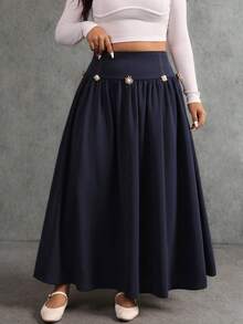 Elaquor Falda elegante y de moda con cintura alta, decoración de sol de metal y pliegues para mujer de talla grande - Azul - Ver 3