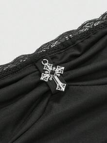 ROMWE Goth 哥特洛丽塔性感交叉蕾丝边紧身胸衣上衣和撞色蕾丝边蛋糕裙 2 件套 - 黑色 - 查看 5