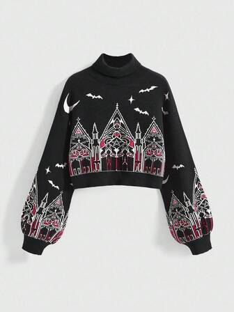 Gothic Christmas Castle & Cross Pattern Plus Size Women Turtleneck Contrast Color Pullover Sweater