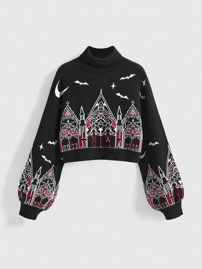 Chandail col roulé oversize pour femmes avec motif de château et de croix gothique de Noël, en couleurs contrastées