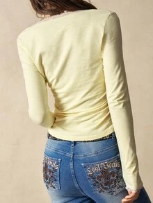 Bohemela Áo thun nữ tay dài cổ chữ V trơn màu, dáng thường ngày cho mùa thu/đông - Màu vàng - Xem 6