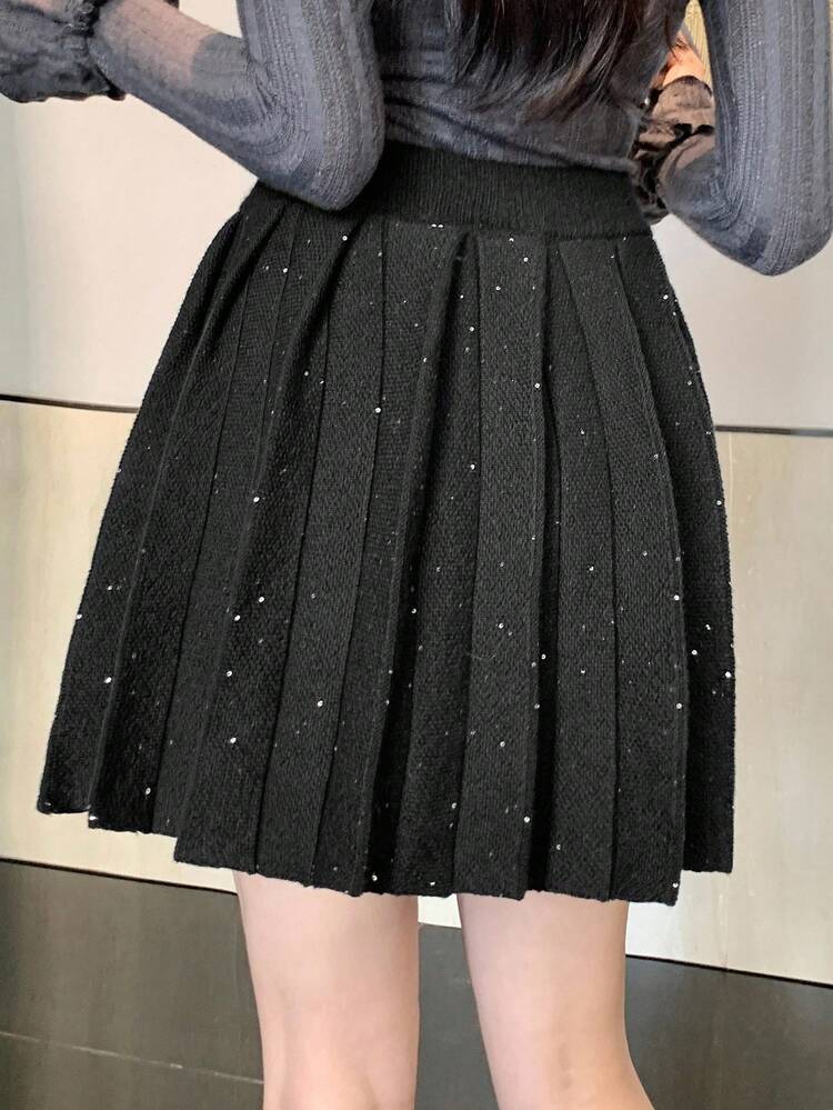 Women's Elegant Commuter Sequin Decor Pleated Knit Skirt New Years Carnival