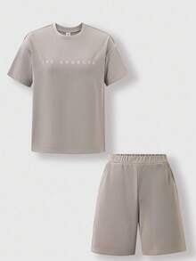 SHEIN Explorewe 2pcs Set Simple Fashion Letter Print Short Sleeve T-Shirt & Shorts, Suitable For Outings, School, And Any Occasion - Apricot - View 1