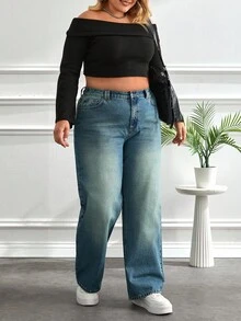 EURMUSE PLUS SIZE HIGH WAIST JEANS DENIM PLUS SIZE HIGH WAIST JEANS Jeans Wide Leg Curvy Jeans Plus Size Jeans Plus Size Wide Leg Jeans - أزرق متوسط - مشاهدة 3