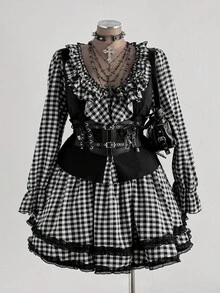 Sunspun Elegant Goth Black And White Autumn 70's Party Women Two Pieces Set,V-Neck Ruffle Patchwork Plaid 2 In 1 Top & Puff Cake Mini Skirt Japanese Outfit - Black and White - View 6