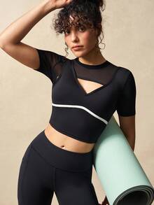 VARSIVA Women's Casual Sports Mesh Patchwork Round Neck T-Shirt - Black - View 1